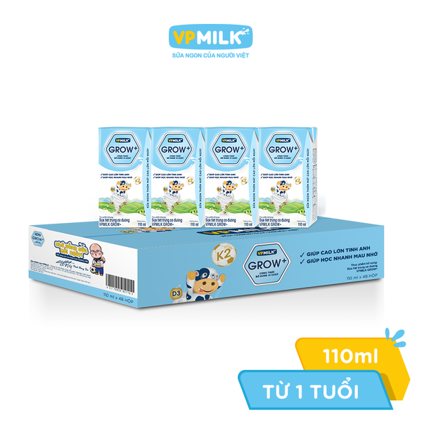 Thùng 48 hộp sữa Tiệt Trùng VPMilk Grow+ Có Đường 110ml