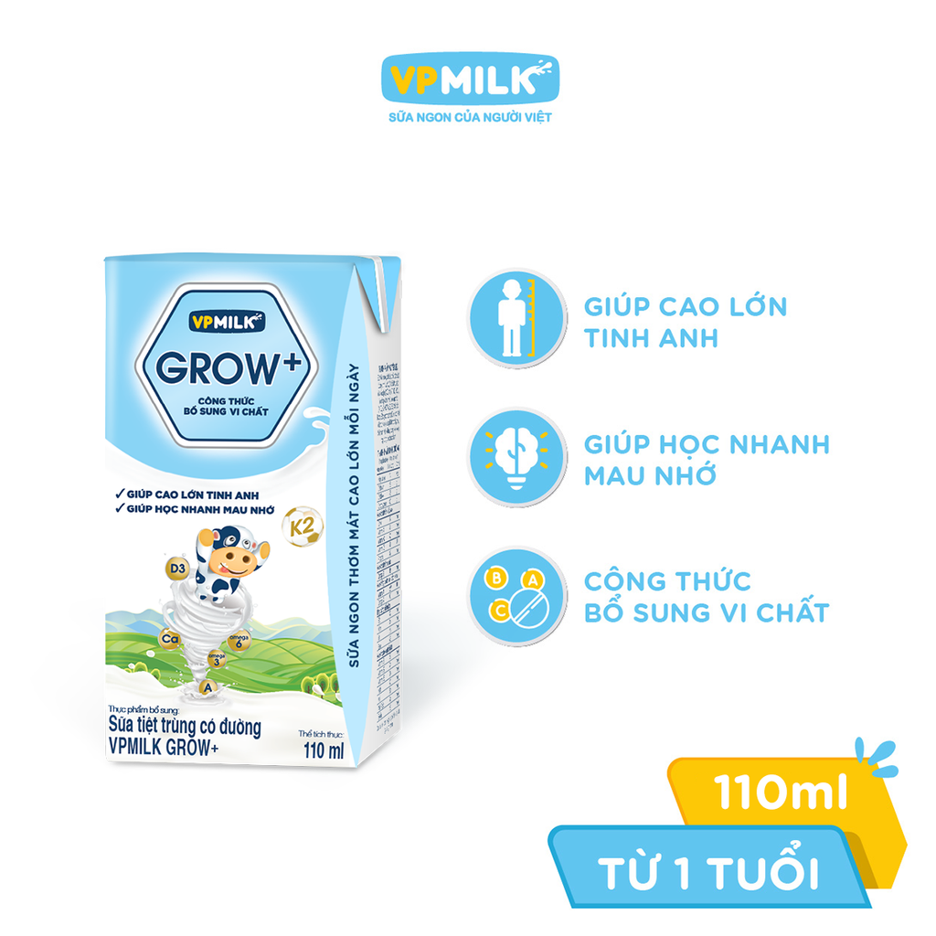 Thùng 48 hộp sữa Tiệt Trùng VPMilk Grow+ Có Đường 110ml