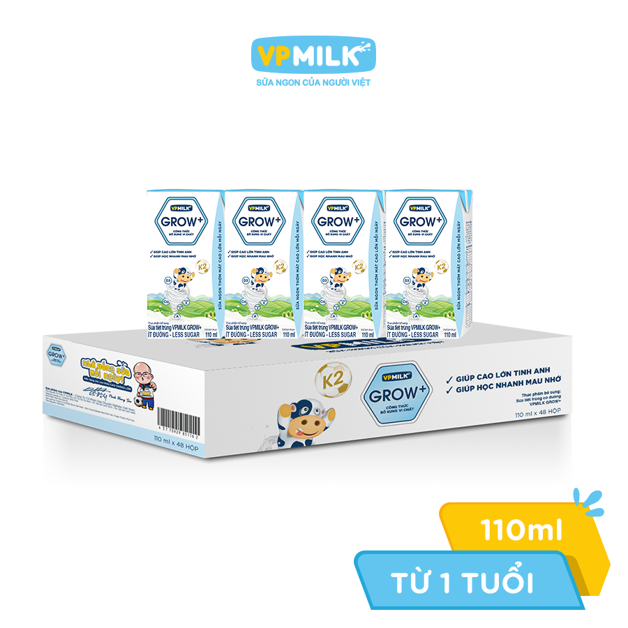 Thùng 48 hộp sữa Tiệt Trùng VPMilk Grow+ Ít Đường 110ml