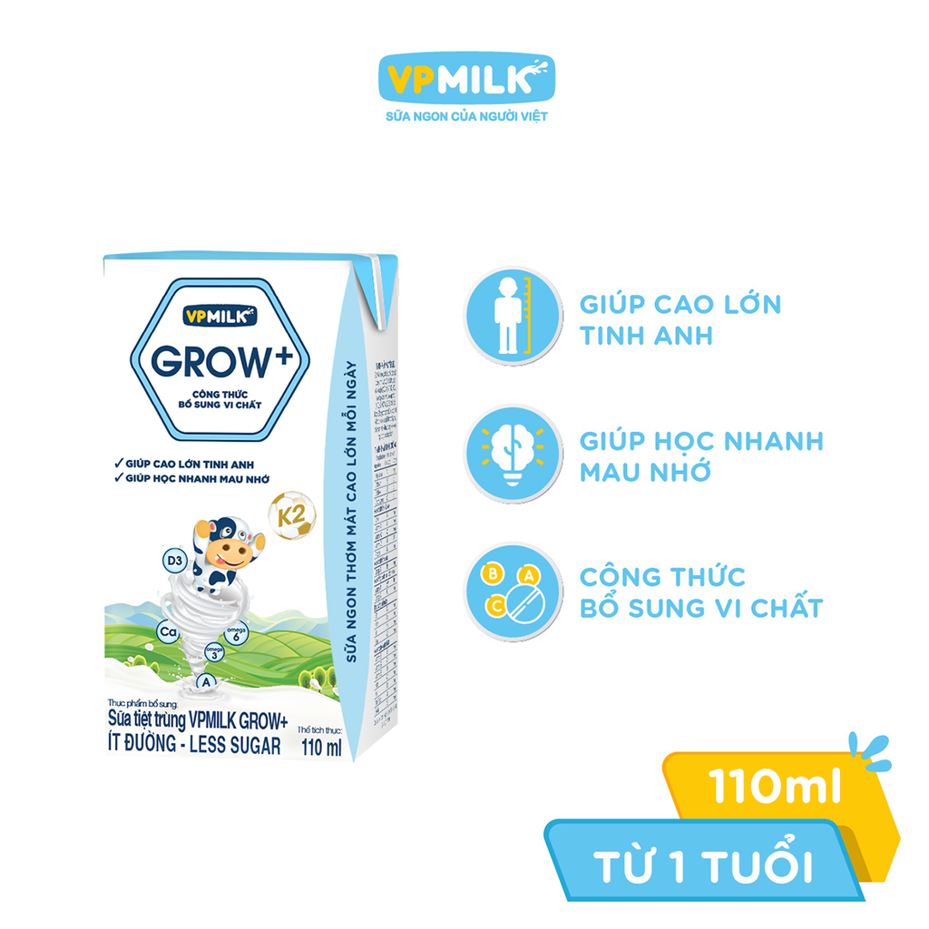 Thùng 48 hộp sữa Tiệt Trùng VPMilk Grow+ Ít Đường 110ml