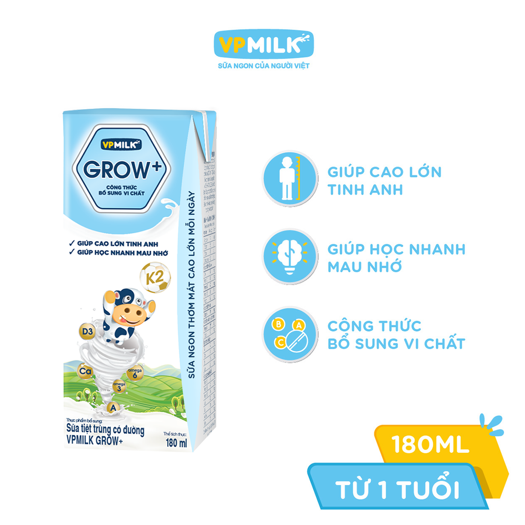 Thùng 48 hộp sữa Tiệt Trùng VPMilk Grow+ Có Đường 180ml