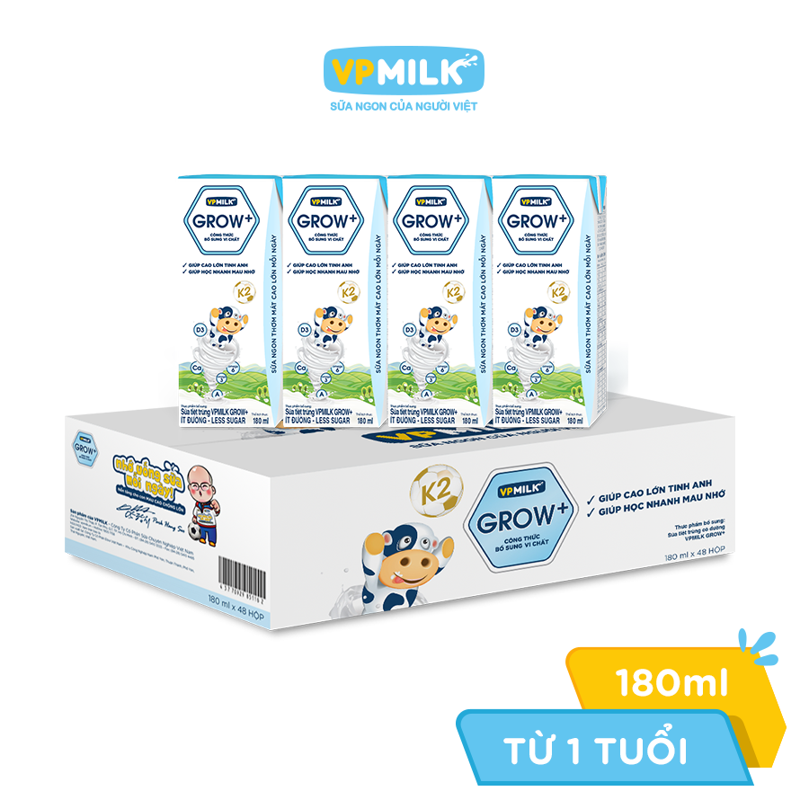 Thùng 48 hộp sữa Tiệt Trùng VPMilk Grow+ Ít Đường 180ml