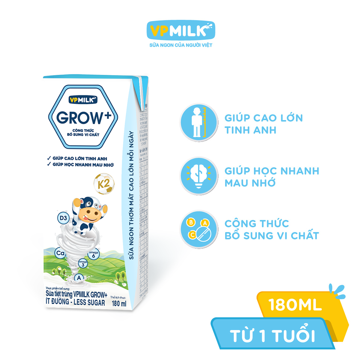 Thùng 48 hộp sữa Tiệt Trùng VPMilk Grow+ Ít Đường 180ml