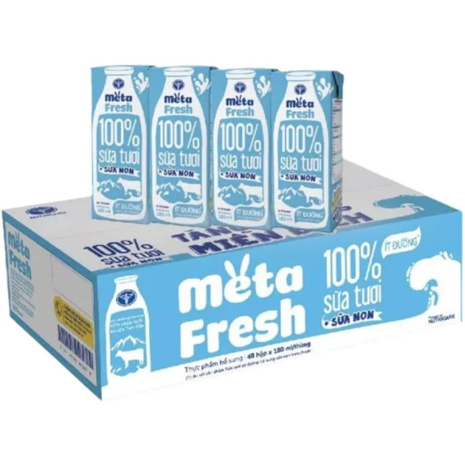 Thùng 48 hộp sữa tươi tiệt trùng Meta Fresh ít đường 180ml