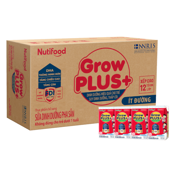 Sữa Bột Pha Sẵn Nuti Grow Plus + Đỏ, Hộp 110ml Ít đường