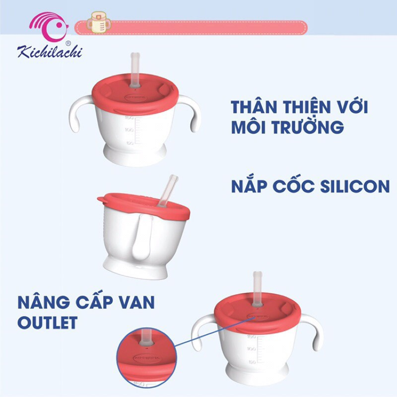 Cốc Tập Uống Nước Kichilachi, Cốc Tập Hút 3 Giai Đoạn Có Vạch Chia 150ml Cho Bé Chất Liệu An Toàn