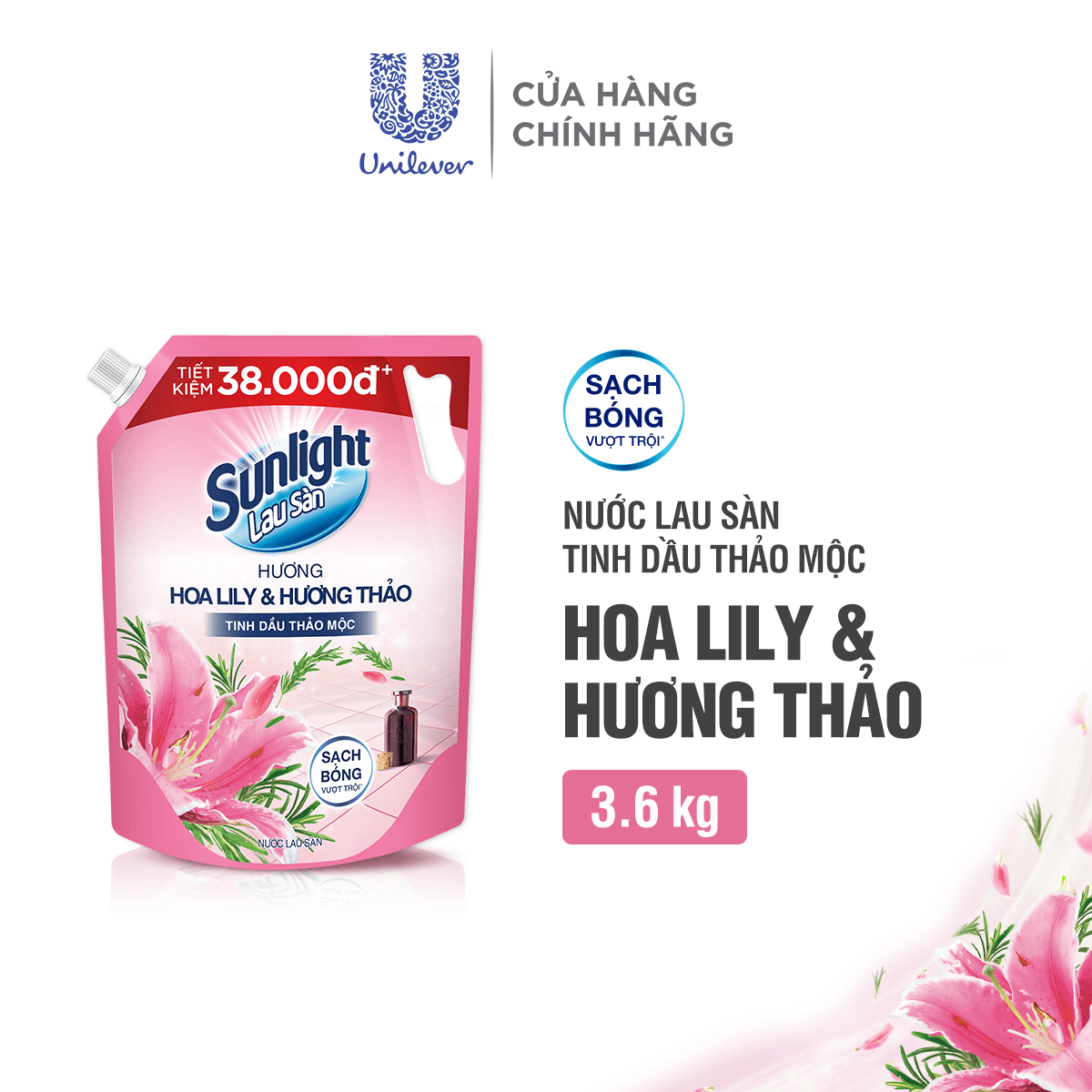 Nước lau sàn Sunlight Tinh dầu Thảo mộc hương Hoa Lily & Hương Thảo túi 3.6kg