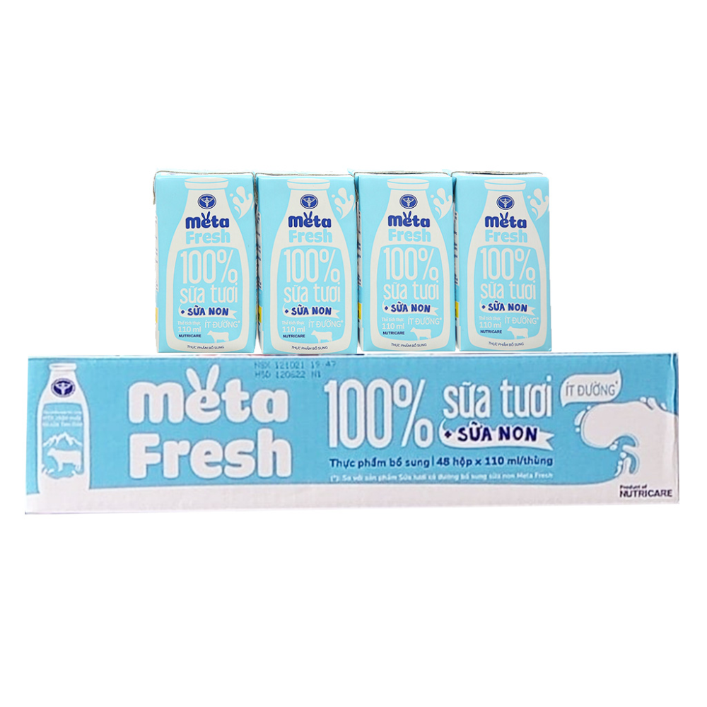 Thùng 48 hộp sữa tươi tiệt trùng Meta Fresh ít đường 110ml