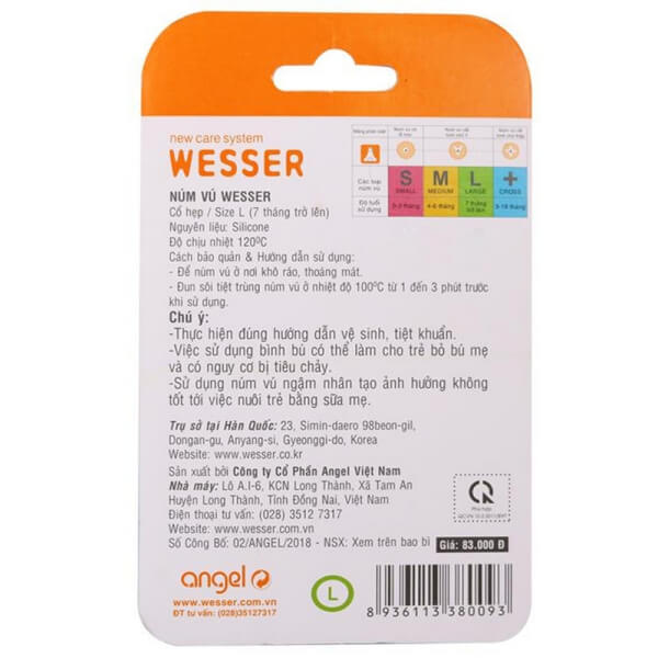 Vỉ 2 núm ty Wesser silicone cổ hẹp size L