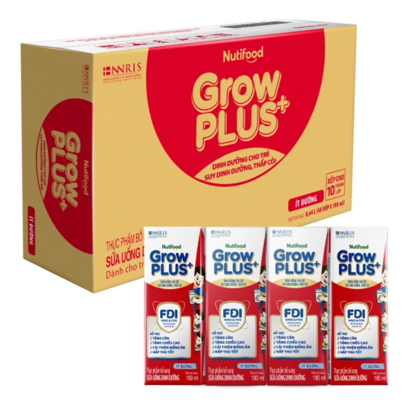 Thùng 48 Hộp Sữa Bột Pha Sẵn Nuti Grow Plus Đỏ Hộp 180ml Ít đường