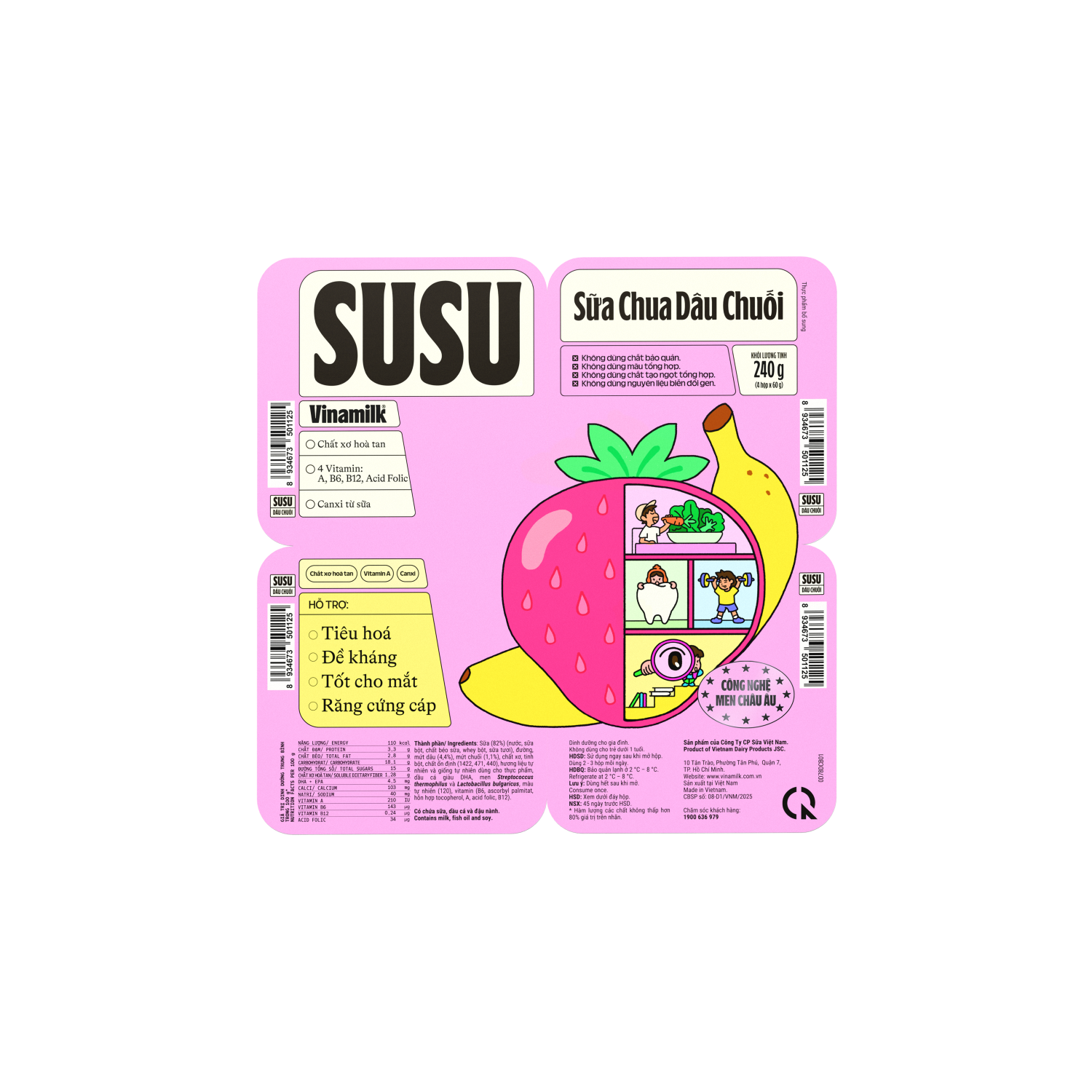 Lốc 4 Hủ Sữa chua ăn SuSu dâu chuối 240g