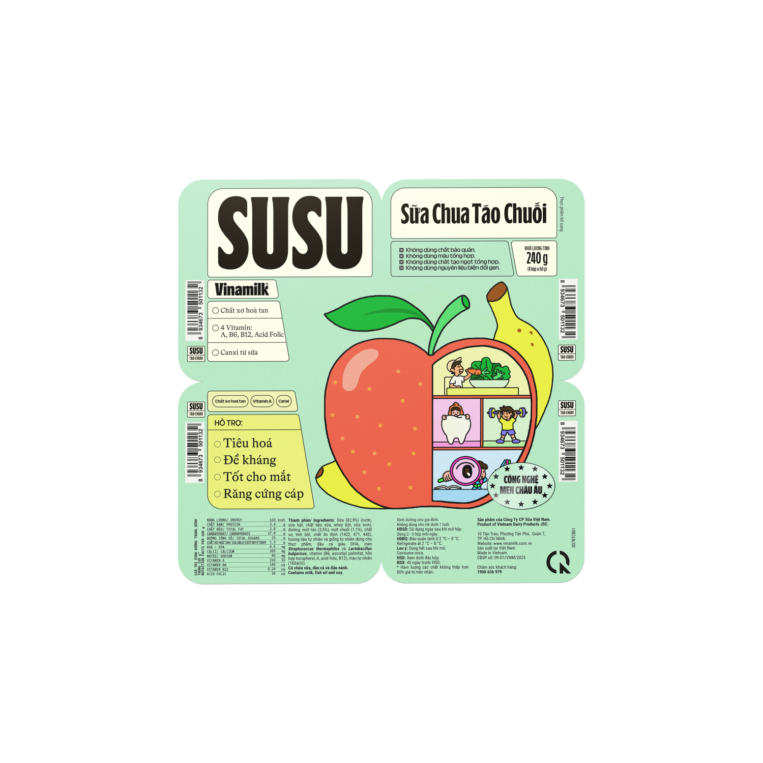 Lốc 4 Hủ Sữa chua ăn SuSu táo chuối 240g