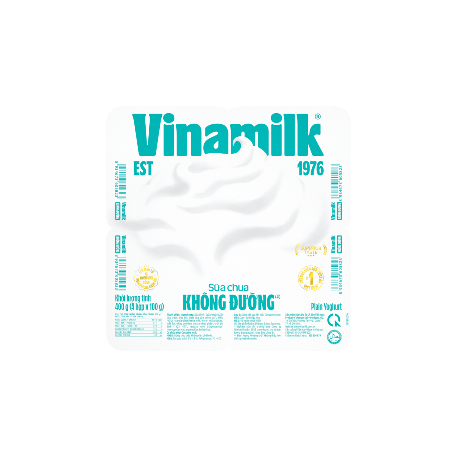 Lốc 4 Hủ Sữa chua vinamilk không đường 400g (4*100g)