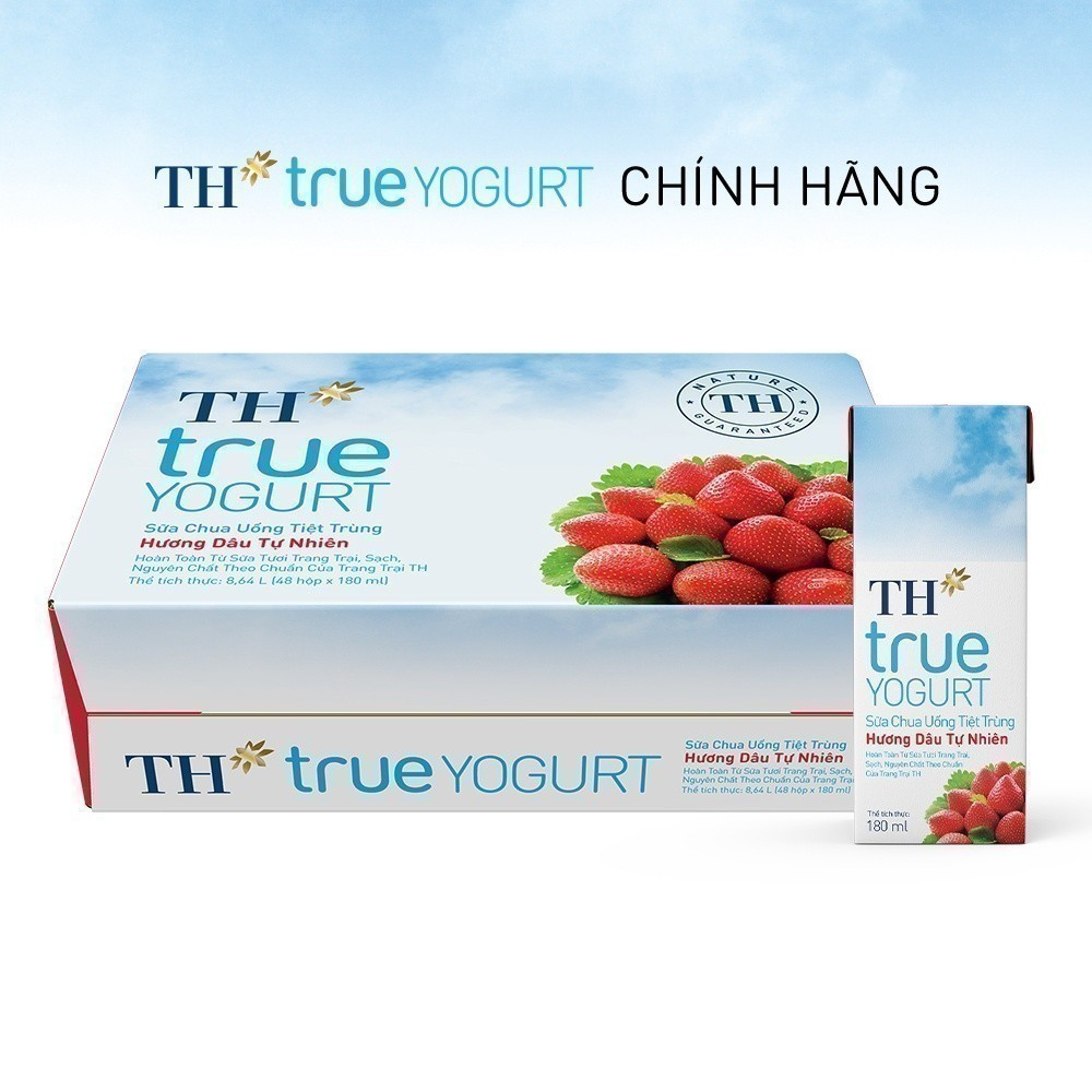 Thùng 48 hộp sữa chua uống tiệt trùng hương dâu tự nhiên TH True Yogurt 180ml