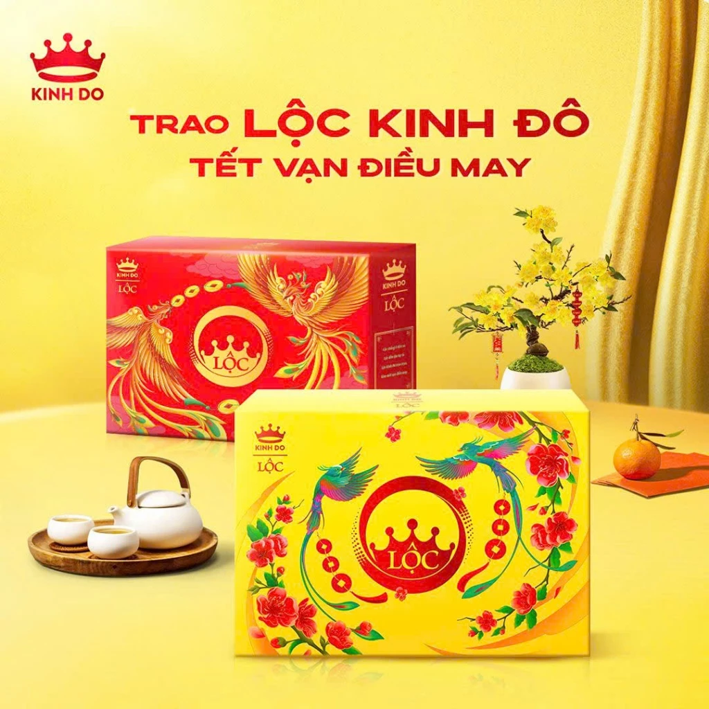 [CÓ TÚI GIẤY] Bộ Quà Bánh Tết Kinh Đô Tài Lộc Đỏ/Tài Lộc Vàng - Hộp Giấy 795G