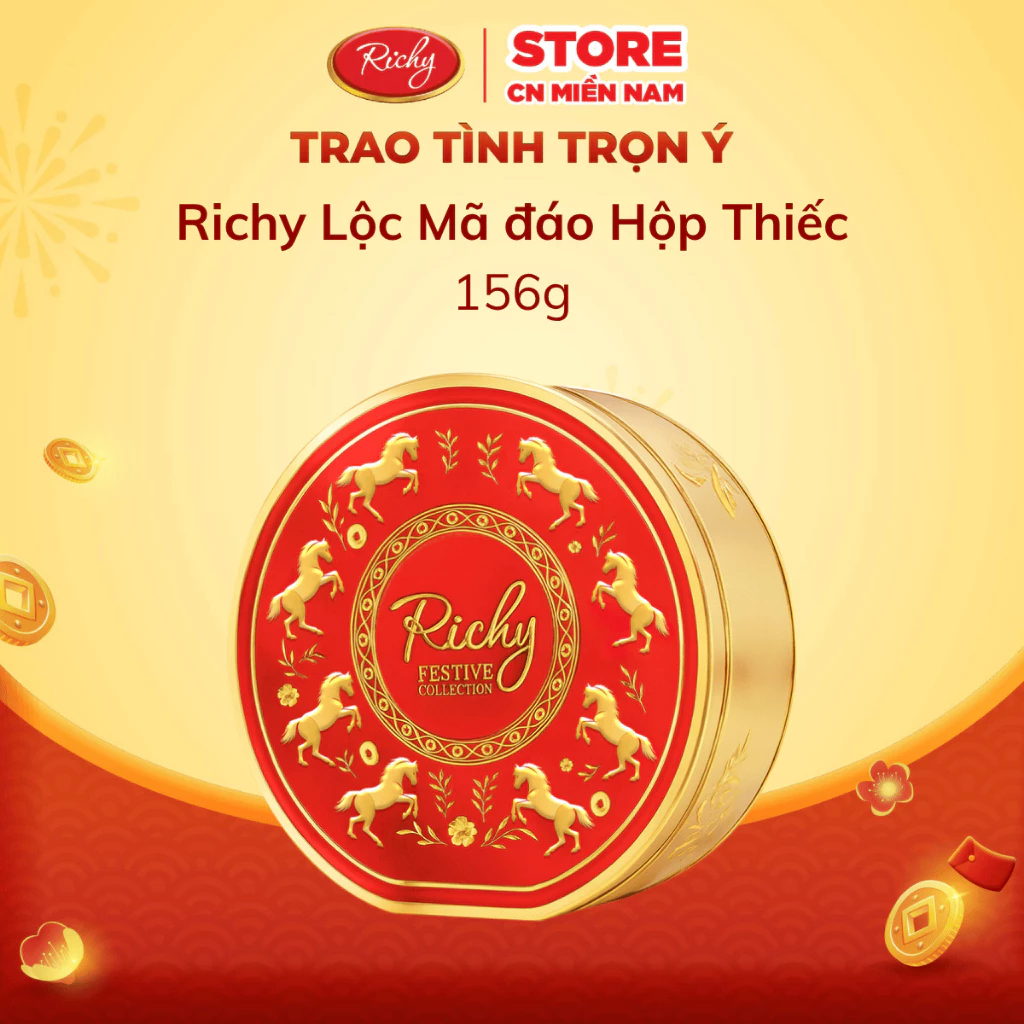 [CÓ TÚI GIẤY | MẪU MỚI 2026] Hộp Bánh Quy Merry Richy, Merry Mã đáo thành công - Hộp Thiếc 334g